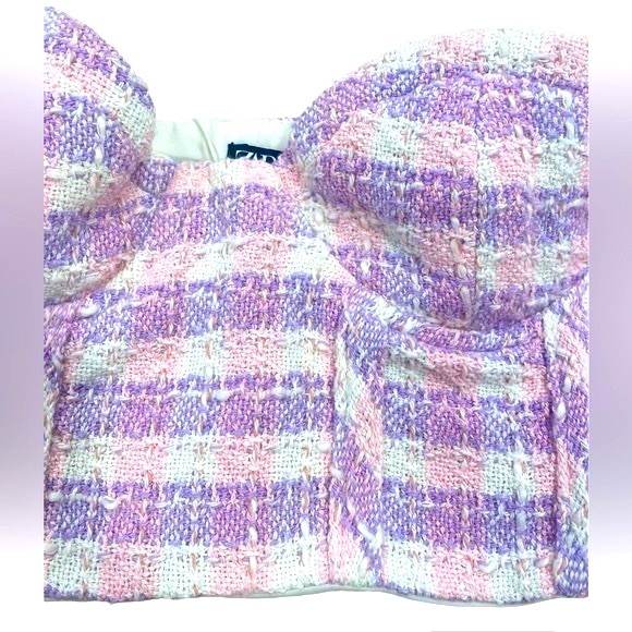 ZARA NWT Tweed Plaid Bustier Corset Crop Top Colorful Pink Purple Size Medium - Picture 8 of 10
